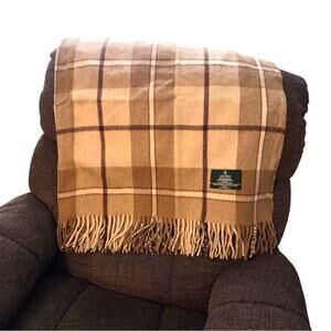 Lauren Ralph Lauren Wool blend plaid brown neutral throw blanket accent 63*49